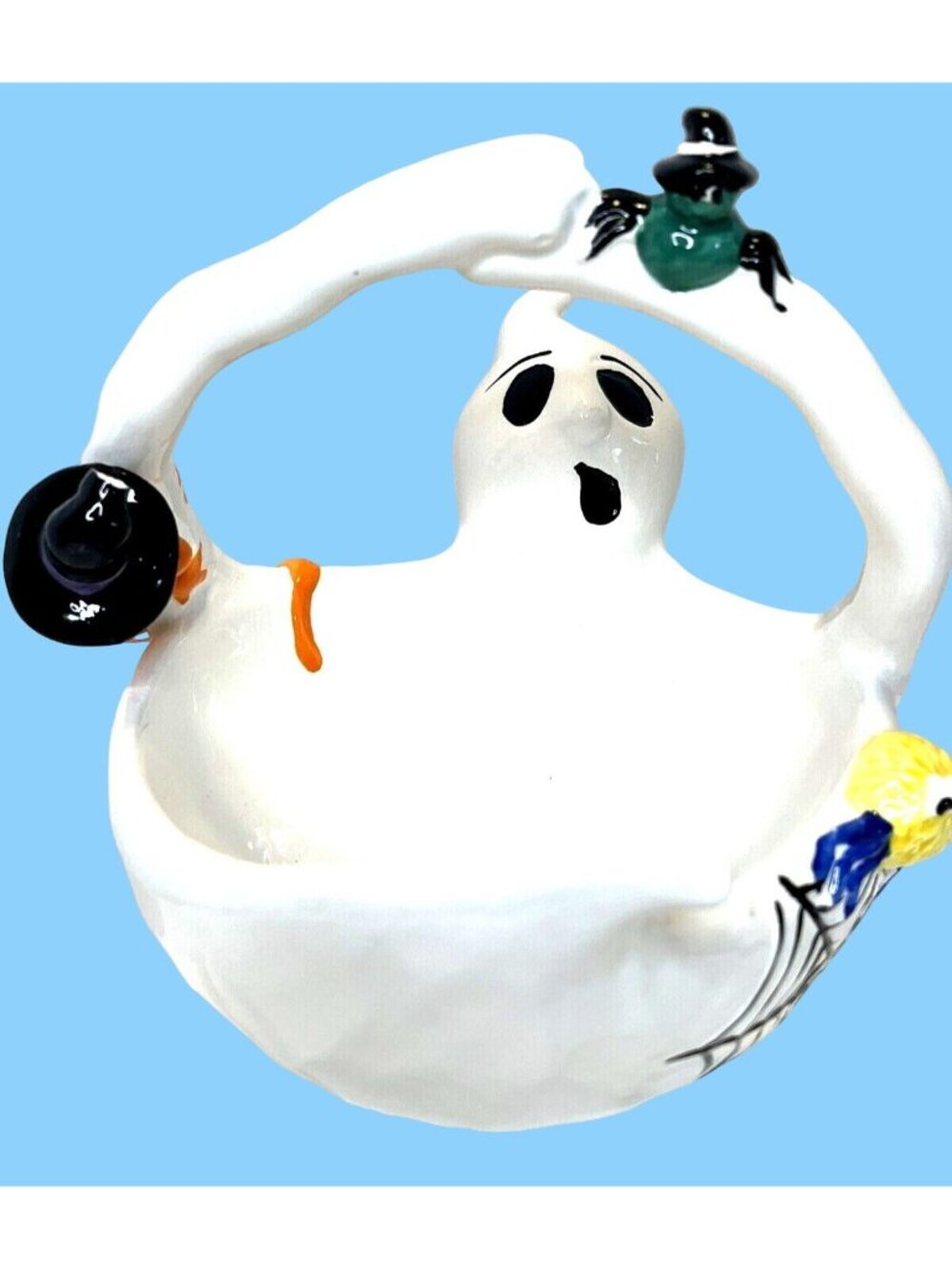 Halloween Ghost 3D Candy Dish White Ceramic Basket Serving Bowl Spider Web READ